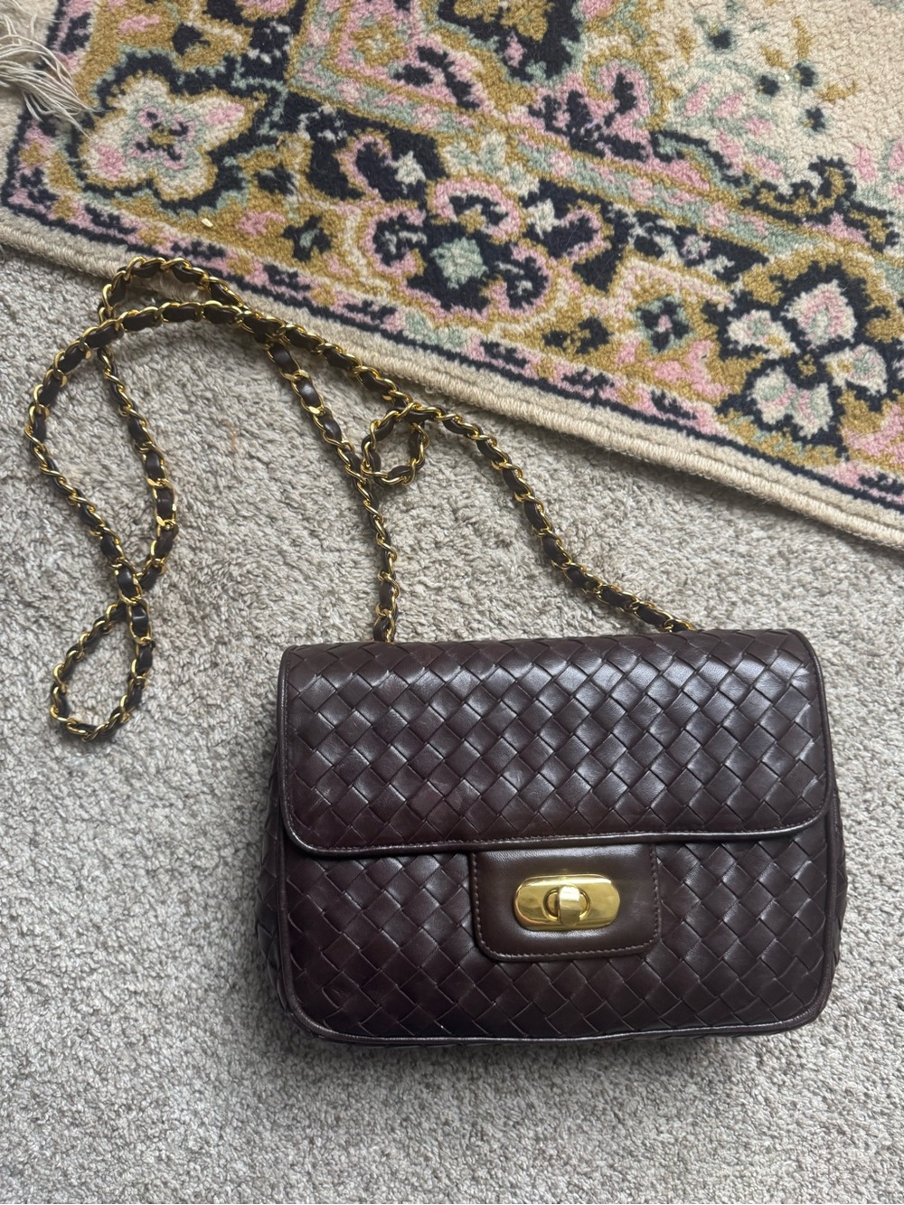 Bottega Veneta Dark Brown Leather Messenger Bag with Gold Hardware